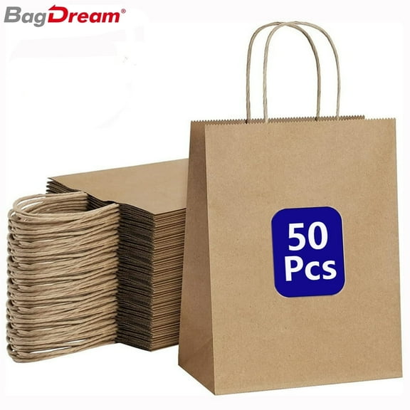 BagDream Brown Paper Gift Bags with Handles 8x4.25x10.5 Kraft Paper Bags Medium Shopping Bags for Father's Day, Graduation, Birthday Party and Baby Shower, Pack of 50