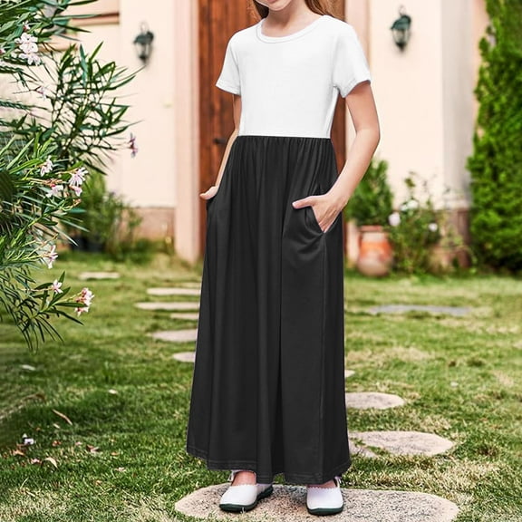 Teen Girls Dresses with Pockets Size 4-14 Kids Trendy Color-Block Short Sleeve Crewneck Pleated A-Line Casual Going Out Maxi Dress