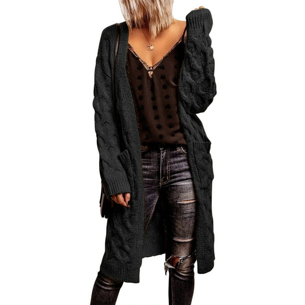 Cárdigan de invierno para mujer, de manga larga, de color liso, de punto, con bolsillo, chaqueta tipo cárdigan, abrigo para mujer