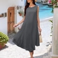 thumbnail image 4 of Short Sleeve Dresses for Women Solid Color Loose Sleeveless Round Neck Side Buttons Irregular Dress A-Line Party Dress with Pockets, 4 of 7