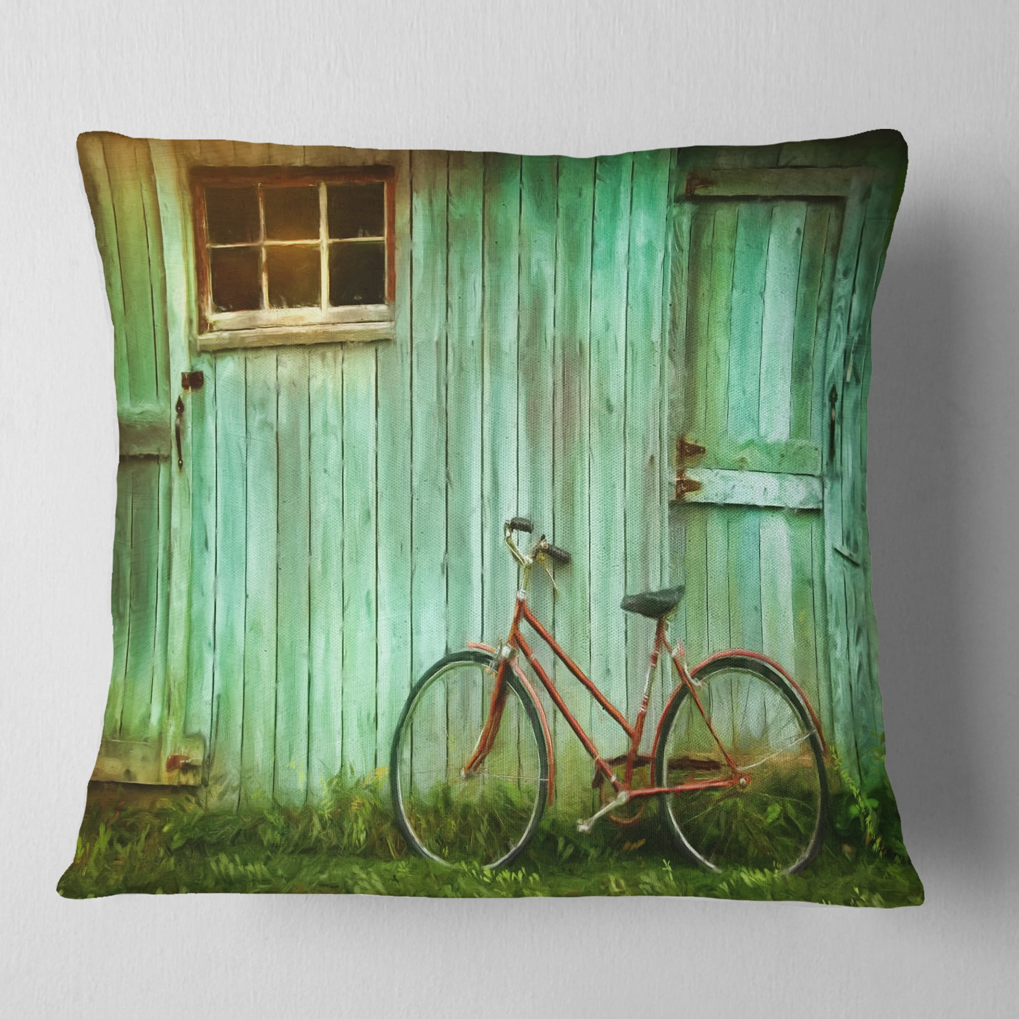 Designart Old Bicycle against Barn - Landscape Photo Throw Pillow - 16x16
