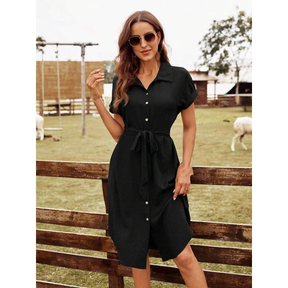 Women's Short Sleeve Collared Button Front Dress for Elegant Daily and Office Style