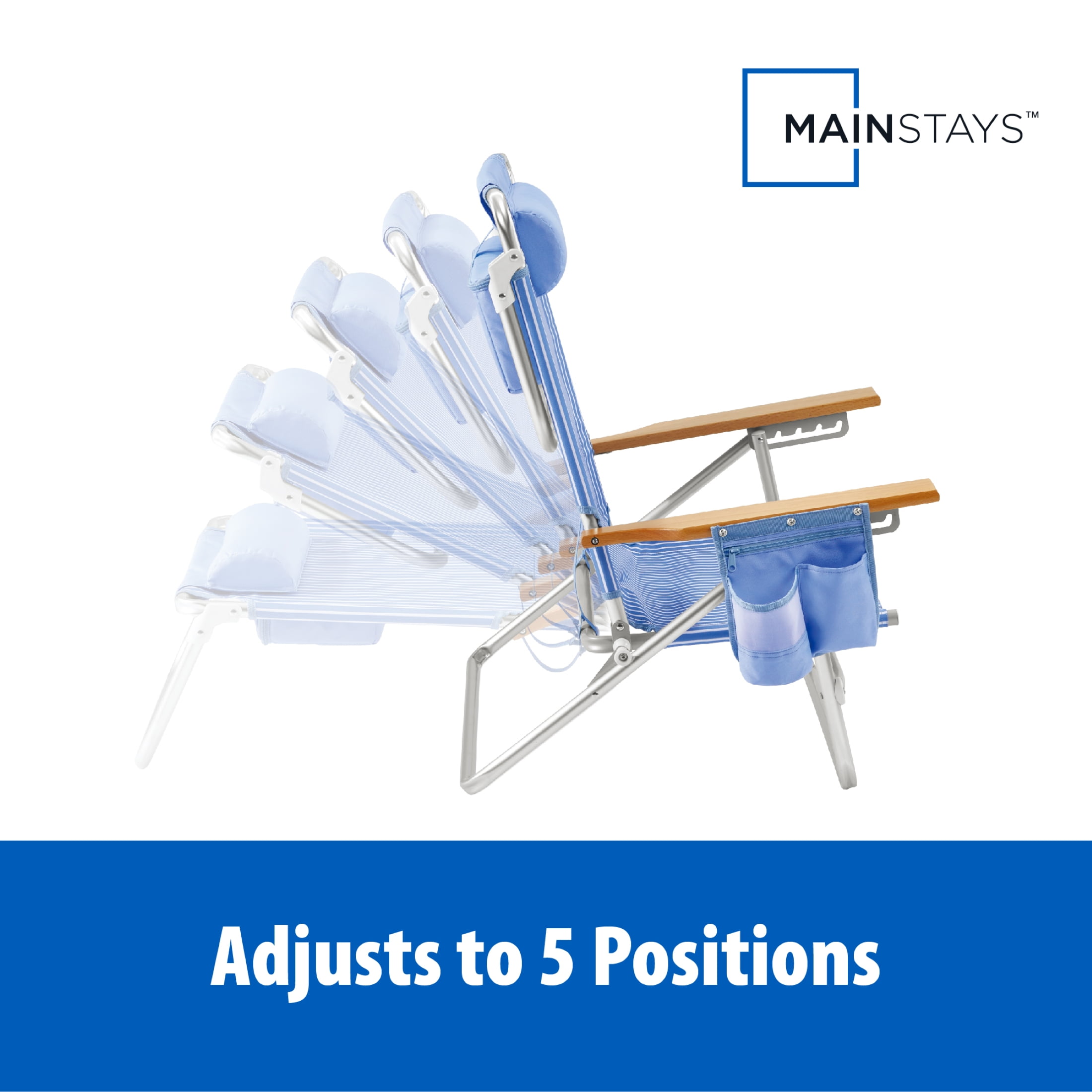 Mainstays Reclining Beach Chair with Backpack Straps and Wooden Armrests, Thin Blue Stripe