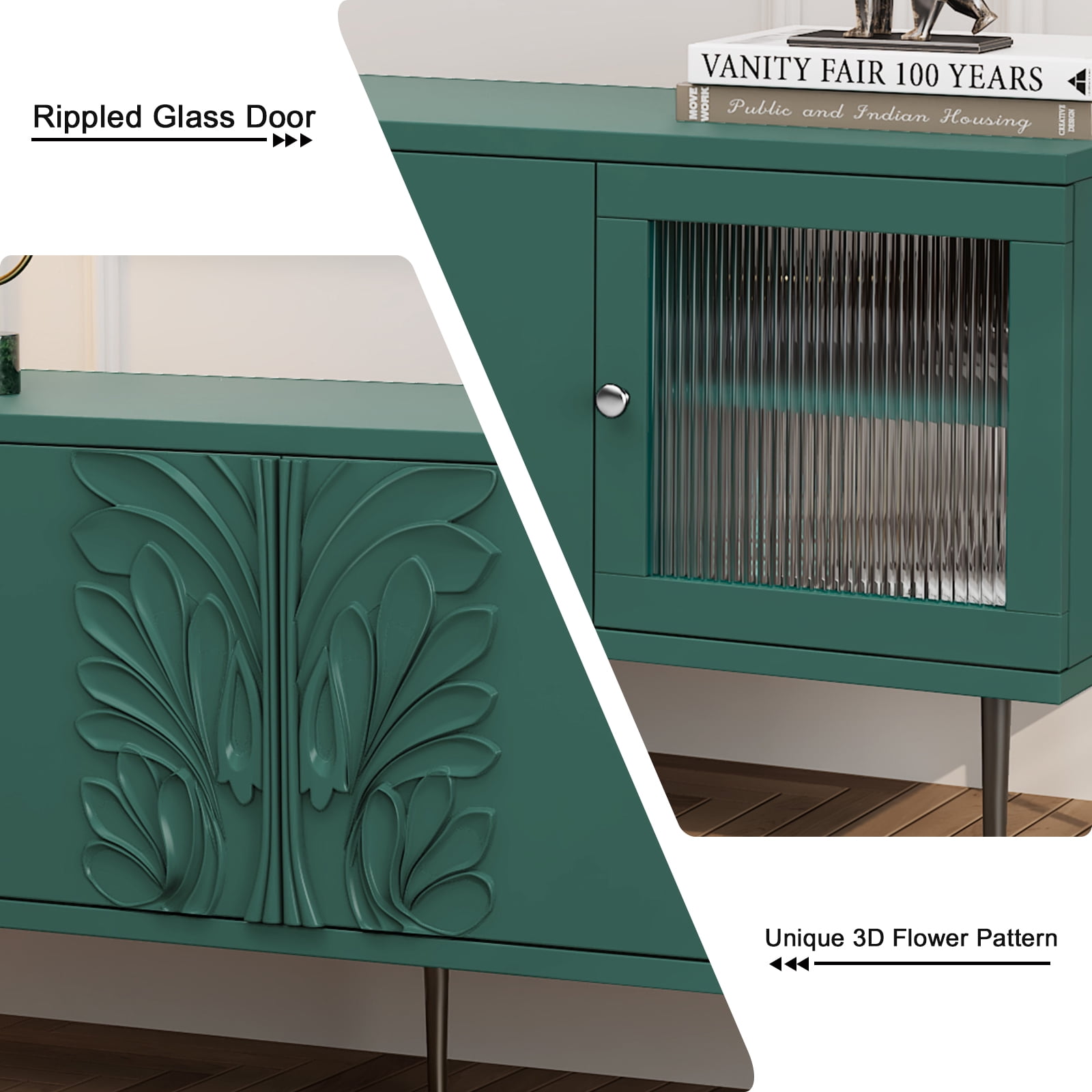 HLR 63" Modern Wood TV Stand with 3D Flower Pattern for TVs Up to 75", Entertainment Center with Storage, Green