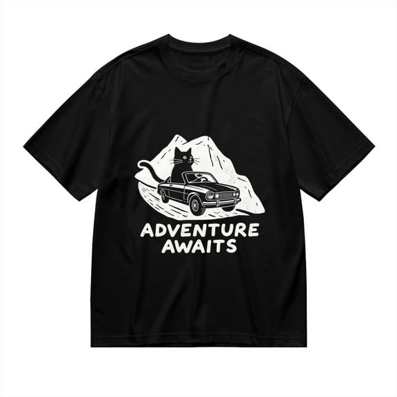 Black T Shirts for Men, Cat, Vintage Car, Adventure Awaits Graphic Mens Graphic Tees, 24898397,S