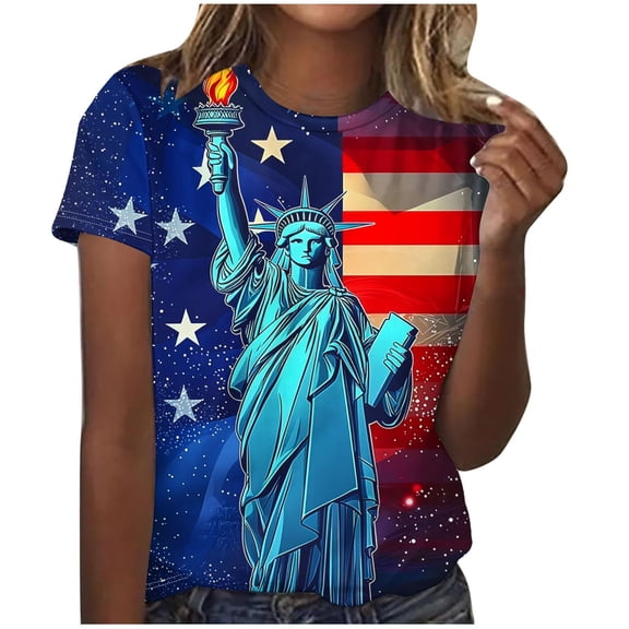 4th of July Shirts for Women Short Sleeve Hawaiian Beach Tops Soft Cotton Crew Neck Casual Dressy Summer Blouses