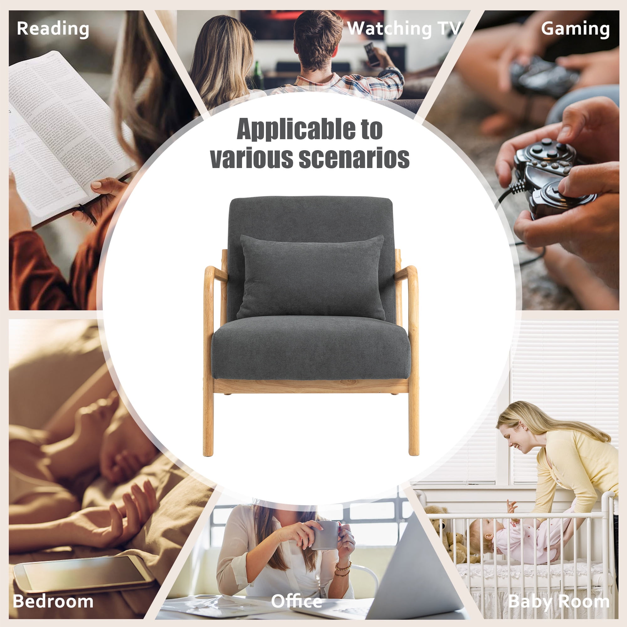 PAPROOS Mid-Century Modern Accent Chair, Velvet Fabric Arm Chair with Wood Frame and Pillow, Upholstered Armchair Comfort Reading Chair Lounge Chair for Living Room Bedroom Sunroom, Gray