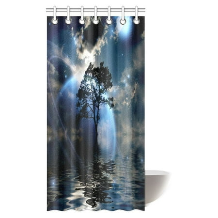 MYPOP Fantasy House Decor Shower Curtain, Water Night View Dark Clouds Stars Moonlight Skylights Rays Tree Reflection on Sea Fabric Bathroom Decor Set with Hooks, 36 X 72