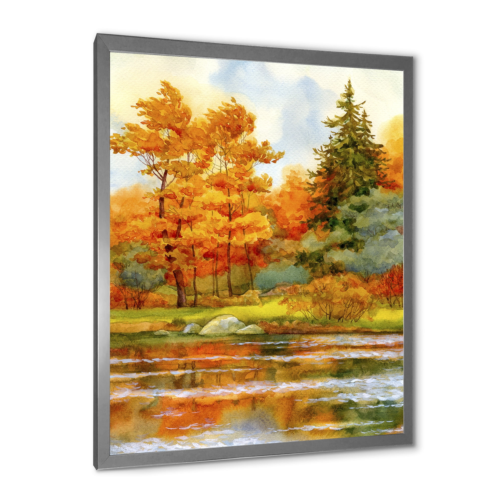 Designart 'Autumn Forest By The Lake Side III' Lake House Framed Art Print