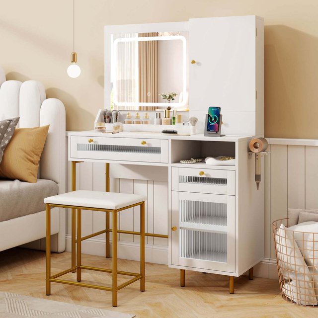 Costway Ensemble de Coiffeuse avec Miroir et Lumières, 3 Modes d'Éclairage et Luminosité Réglable