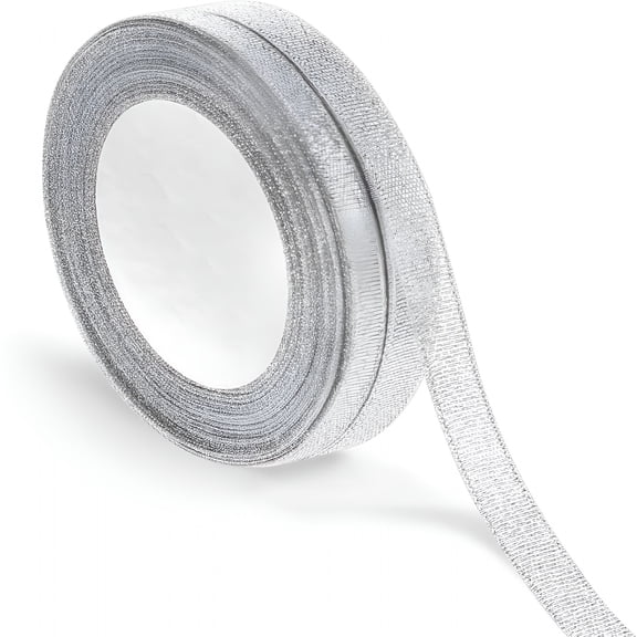 TUWAFE 3/8 Inch Silver Glitter Ribbon 50Yard (2Rolls) Sparkly Metallic Fabric Ribbons Silver Organza Shimmer Sheer Ribbon for Gifts Diy Party Wrapping Wedding Decoration and Crafts