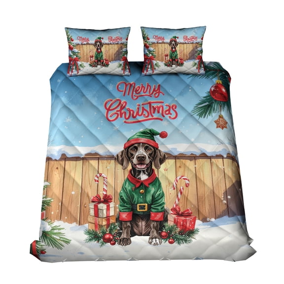 Merry Christmas Woofmas Xmas Noel German Shorthaired Pointer Elf Candy Cane Snow Quilt Bedding Set GSP Lover Dog Gift 1 Blanket Bed Cover 2 Pillowcases - 13017