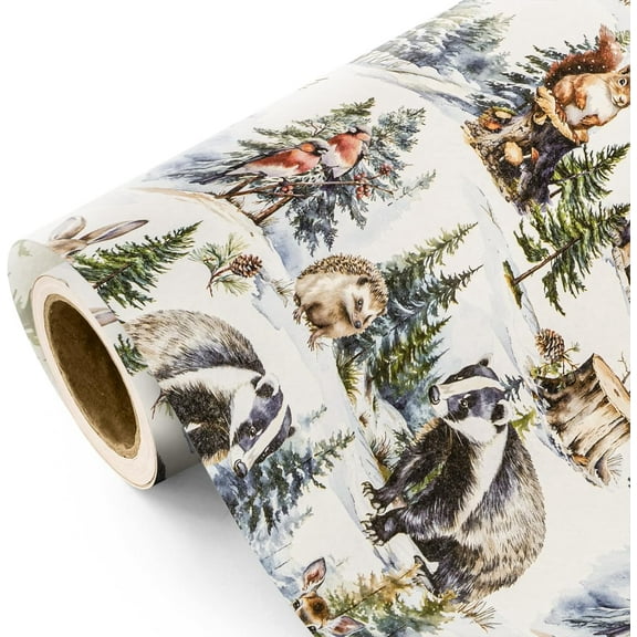 Kraft Christmas Wrapping Paper - Mini Roll - 17 Inch x 33 Feet - White Wild Animals Winterfall Watercolor Design for Christmas, Holiday, Party Celebration