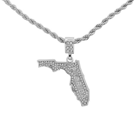 Florida State Jewelry (14K White Gold Plated Hip Hop Bling Iced Out The Sunshine State Florida Map Pendant with 24