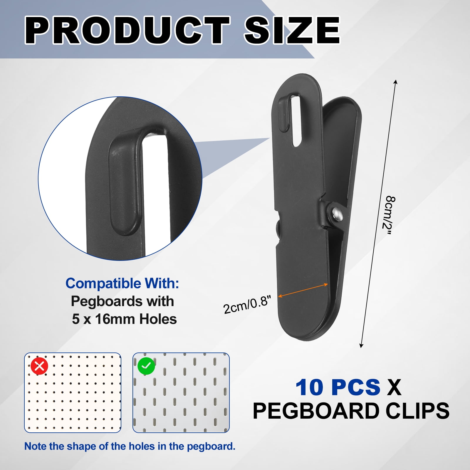 Uxcell 10Pcs Pegboard Accessories Clips, 3.1 x 0.8 in Pegboard Clips Metal Accessory Hook for Crafts Kitchen Office Wall Organize, Black
