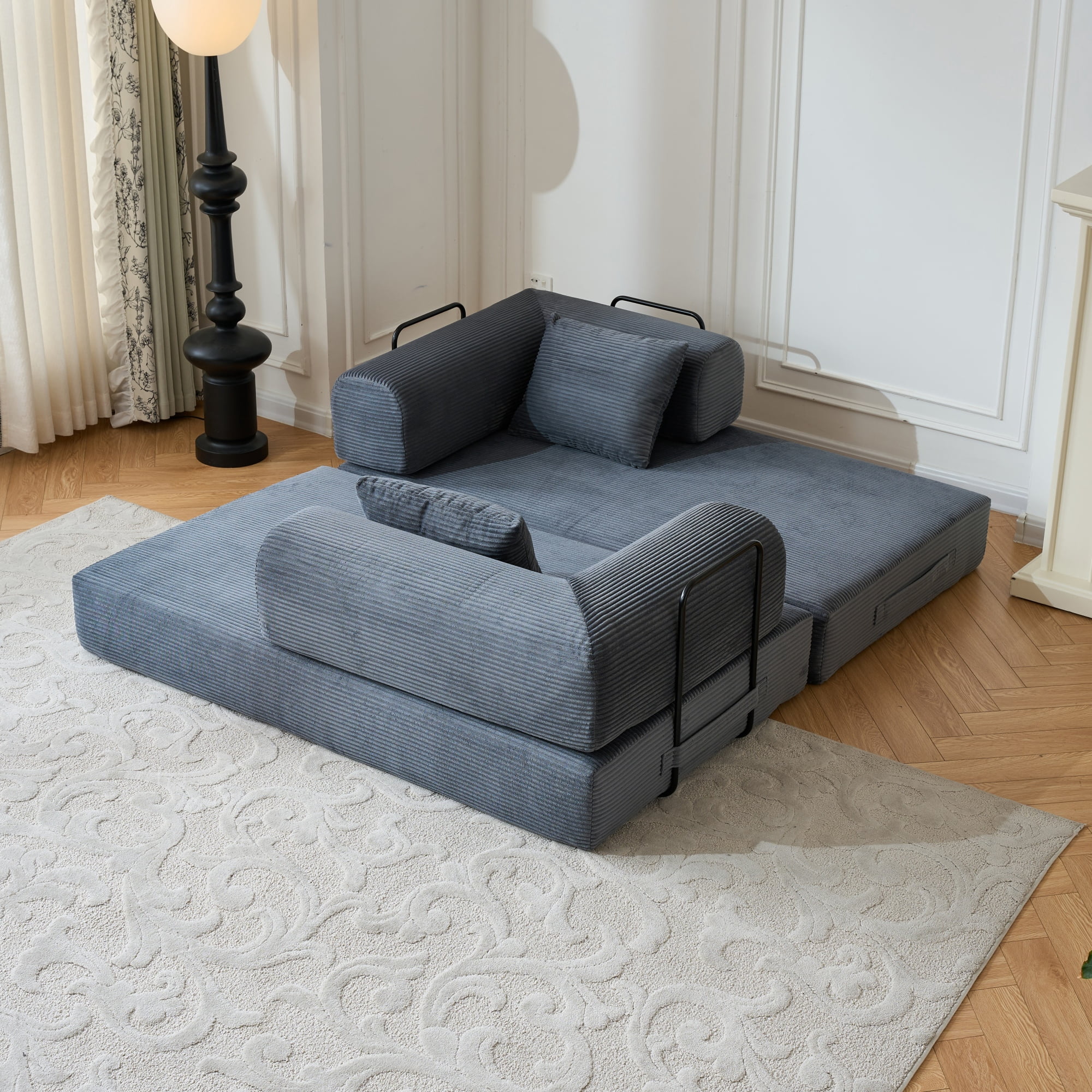 BSHTI 59" Casual Corduroy Convertible Sleeper Sofa Bed with Cylindrical Pillow, No Assembly, Small Space for Living Room（Gray）