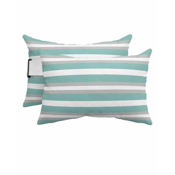 Pack of 4 Outdoor Lumbar Pillow Covers 12x20 Inch, Aqua Grey White Stripe Waterproof Throw Pillow Covers Set, Rustic Modern Turquoise Striped Decorative Cushion Cases for Patio Porch Car