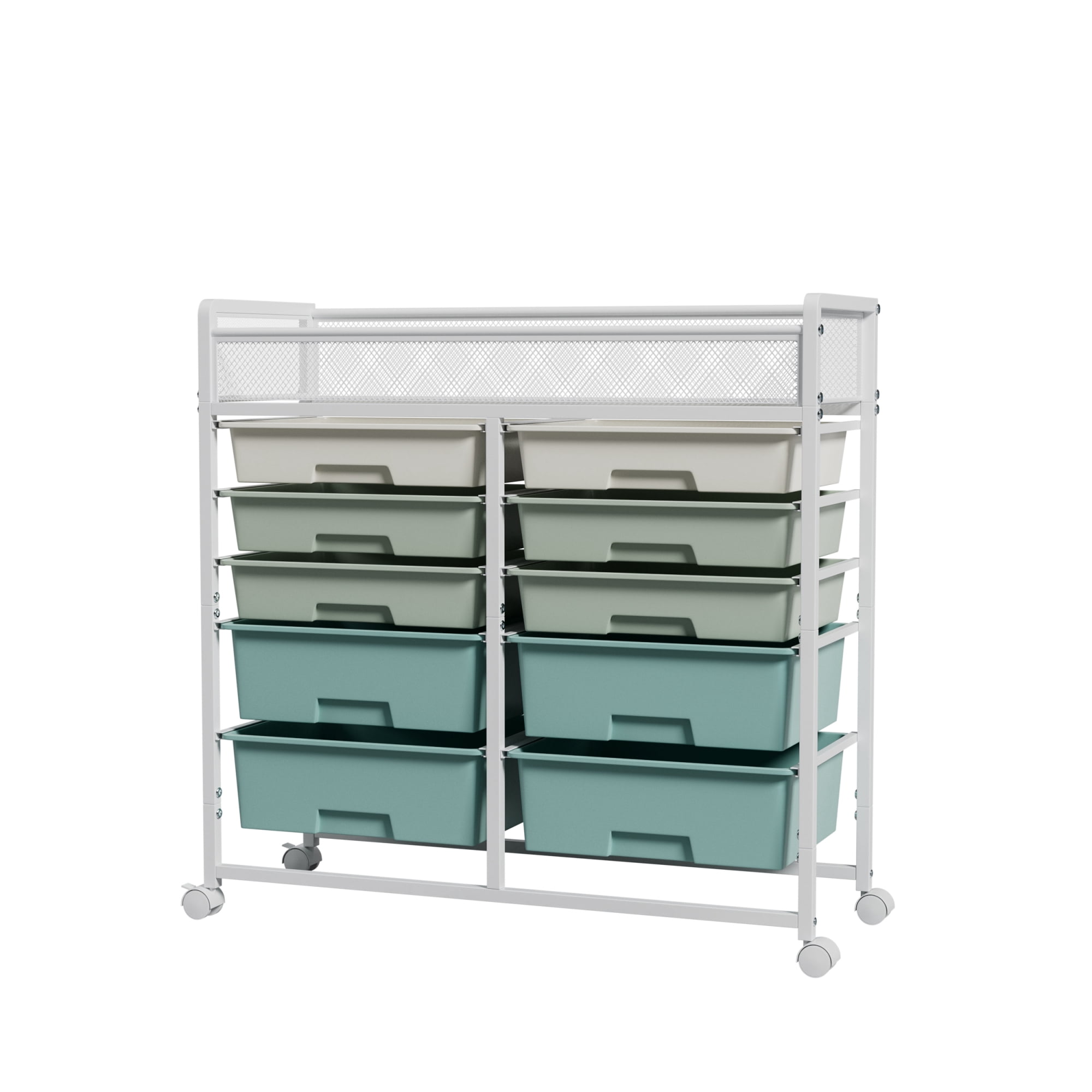 Leumius White Large Capacity 2-Row 10-Drawer Rolling Storage Cart, Metal Mesh Top Utility Organizer with Wheels, Multi-Layer Plastic Drawers for Kitchen, Bathroom, Bedroom, Office