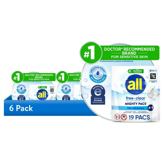 (6 pack) all Mighty Pacs Laundry Detergent Pacs, Free Clear for Sensitive Skin, Unscented and Dye Free, 19 Count