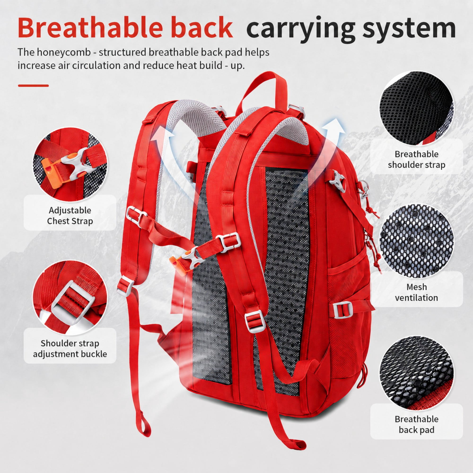 BSHTI 25L Polyester Nylon Hiking Backpack with Rain Cover, Breathable Back, Large Storage for Travel Camping（Red）