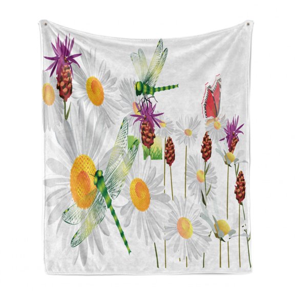 Dragonfly Soft Flannel Fleece Blanket, Daisy Flower Field with Chamomile and Butterflies Grassland Nature Design, Cozy Plush for Indoor and Outdoor Use, 60" x 80", Fern Green White, by Ambesonne