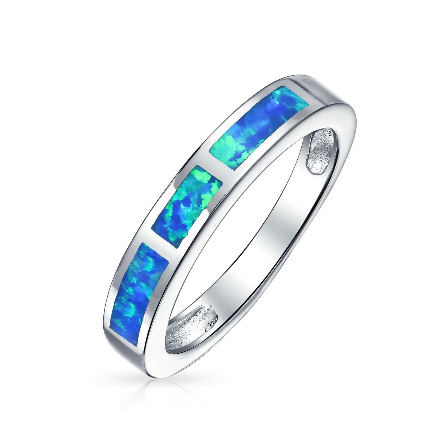 Created Opal Sterling Silver 925 Band Eternity Ring 6MM Blue w Green Fire 