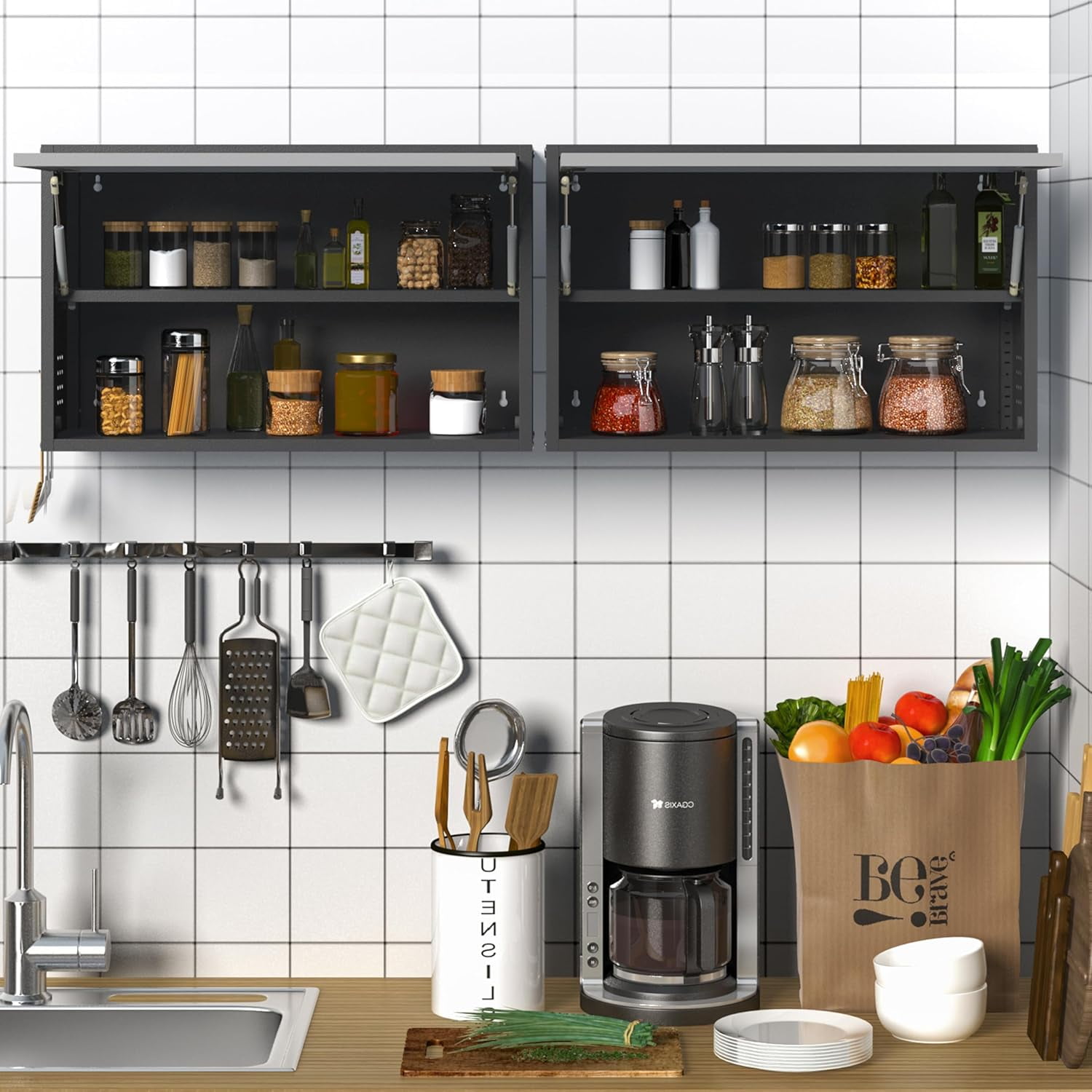 Kooyon Wall Mounted Metal Garage Cabinet with Adjustable Shelf & Doors, Floating Upper Storage Tool Cabinet for Garage Warehouse, Black Gray