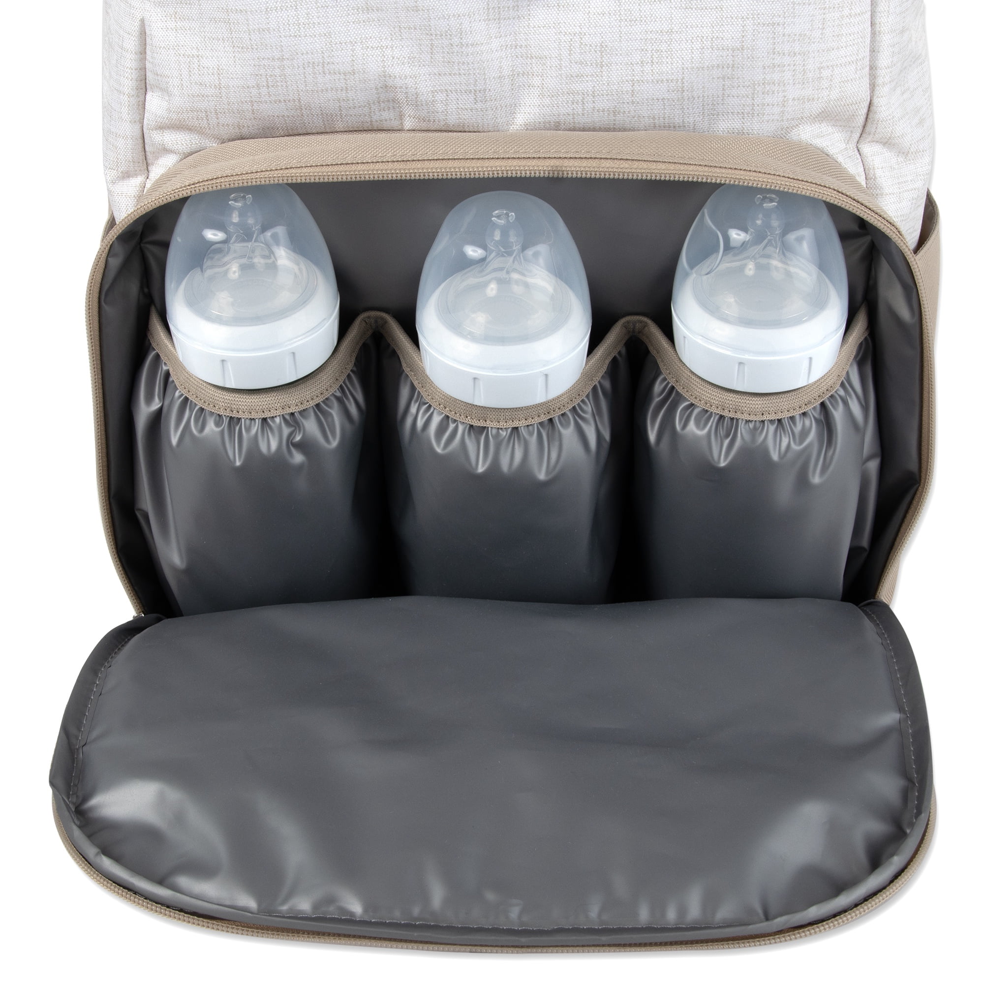 Baby Essentials Super Cooler Main Frame Dual Zipper Closure Diaper Bag Backpack Tote with Matching 6-Ply Changing Pad, Insulated Bottle Pockets and Stroller Straps in Crème and Taupe