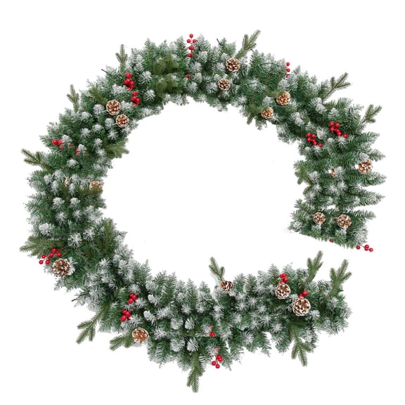 geerera Christmas Garland, 9FT Artificial Snowy Pine Garland with Pine Cones and Red Berries, Winter Decor for Mantle, Staircase, Holiday Party