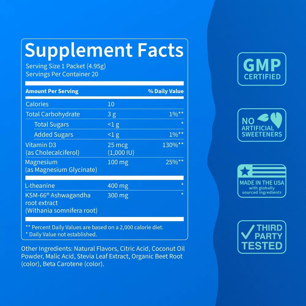 Nello Supercalm Drink Mix - Ashwagandha KSM 66, Magnesium Glycinate & L-Theanine Supplement - Ashwagandha Root Extract - Focus and Relaxation Support (20 Travel Packets) - Orange Creamsicle