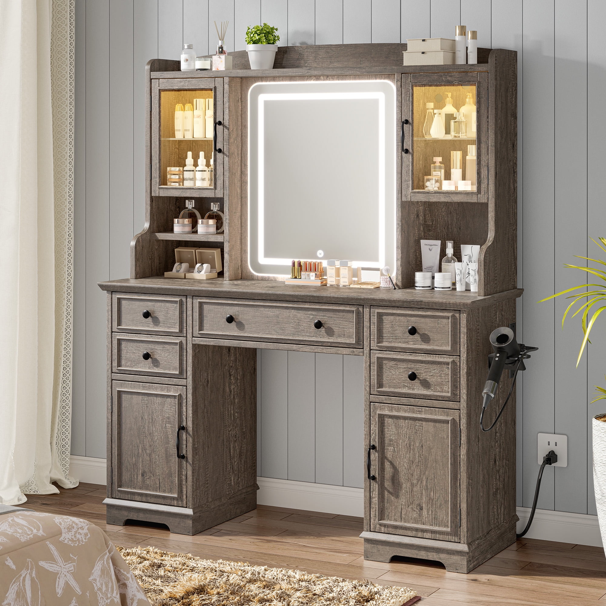 Romorgniz Large Vanity Desk with Mirror and Lights Girls Vanity with Power Outlet Makeup Vanity Table with Hair Dryer Rack, Dark Oak