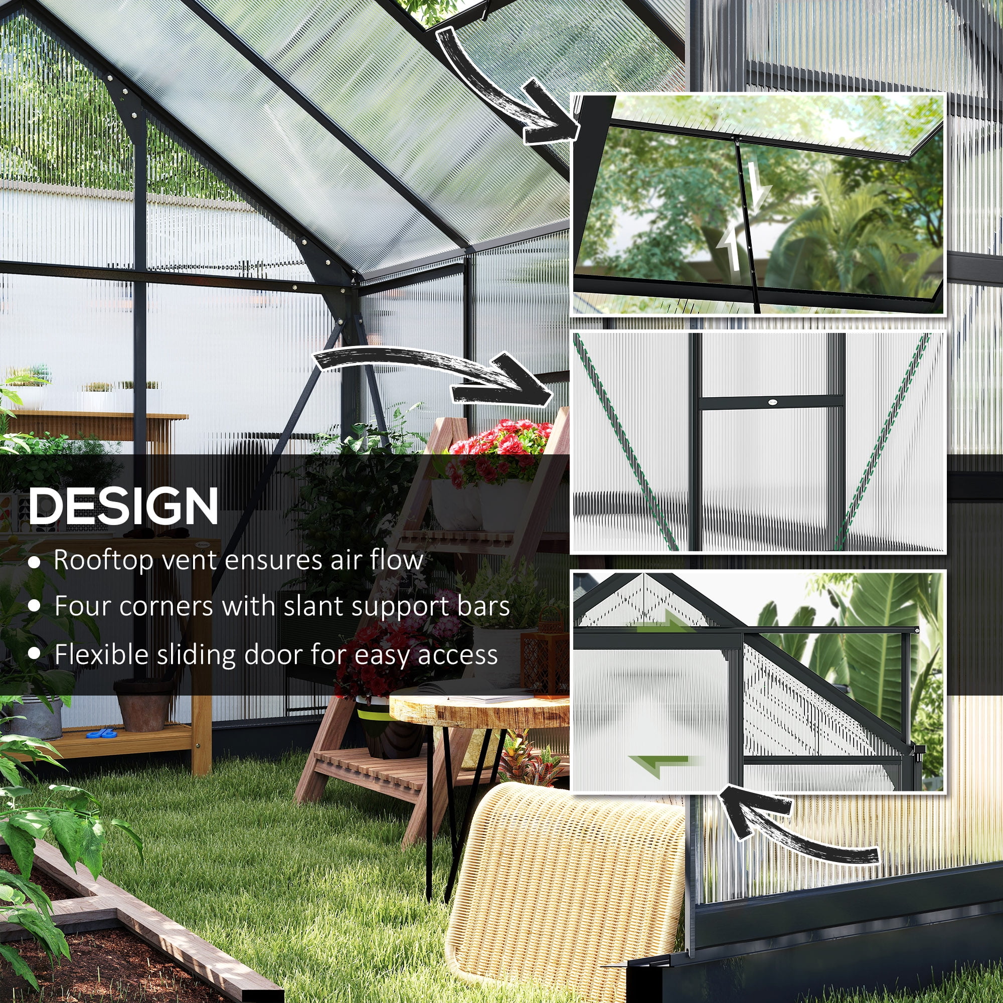 Outsunny 6.2' x 8.3' x 6.6' Polycarbonate Greenhouse, Heavy Duty Outdoor Aluminum Walk-in Green House Kit with Vent Door for Backyard Garden, Gray