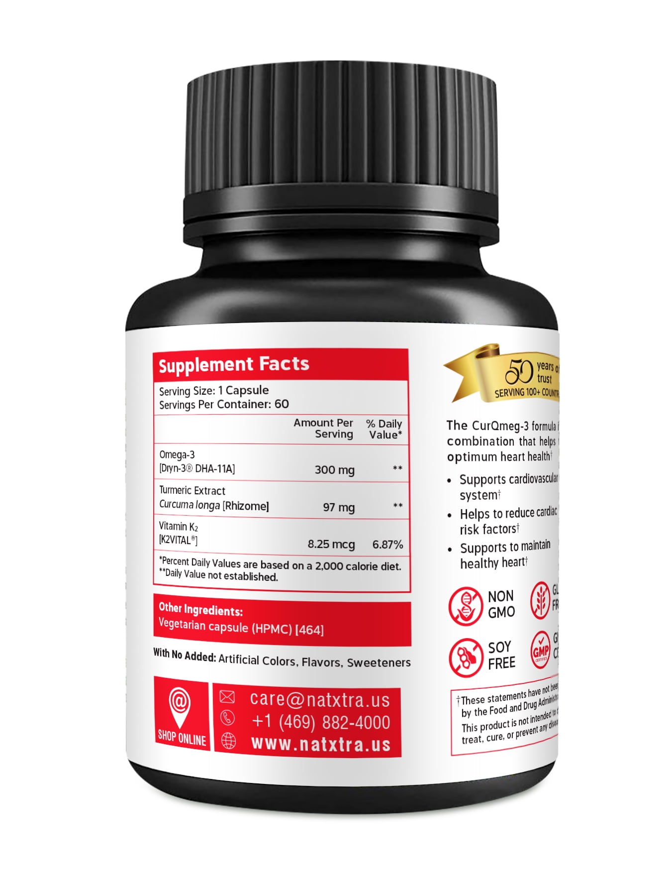 NatXtra Curcumin, Omega-3 and Vitamin K2 Dietary Supplement, 60 Capsules