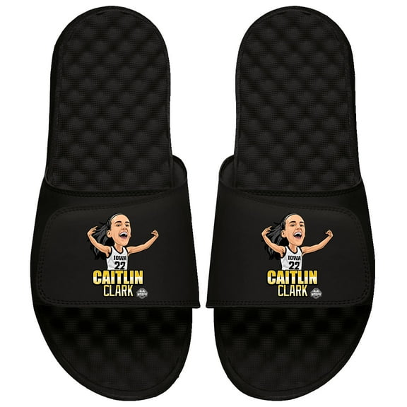 Youth ISlide Caitlin Clark Black Iowa Hawkeyes Caricature Graphic Slide Sandals