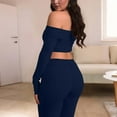 thumbnail image 4 of Dazajoo 2 Piece Sets for Women Long Sleeve Off Shoulder Crop Tops and Low Rise Flare Leggings Yoga Workout Loung Tracksuits,Dark Blue,XXL, 4 of 9