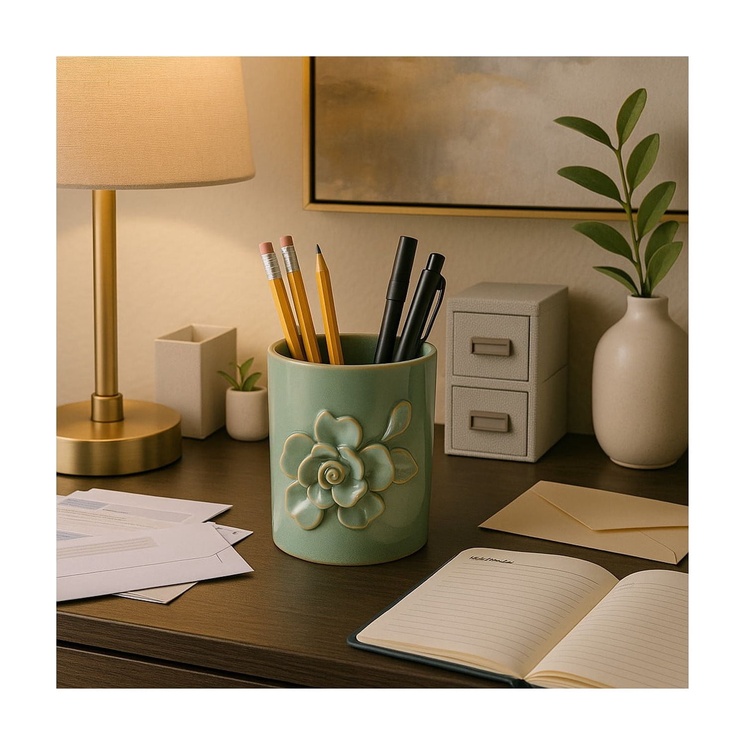 Rose Ceramic Desk Organizer for Workspace Display - Decorative Small Desk Accessory for Office Storage Accent - Complements and Verstaile Usage for Bathroom, Bedroom, or Home Decor - 4", Green