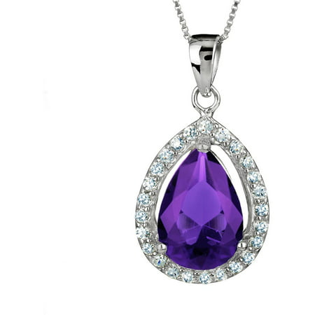 ELYA Sterling Silver Pear-Cut Amethyst Purple Colored CZ Halo Pendant Necklace
