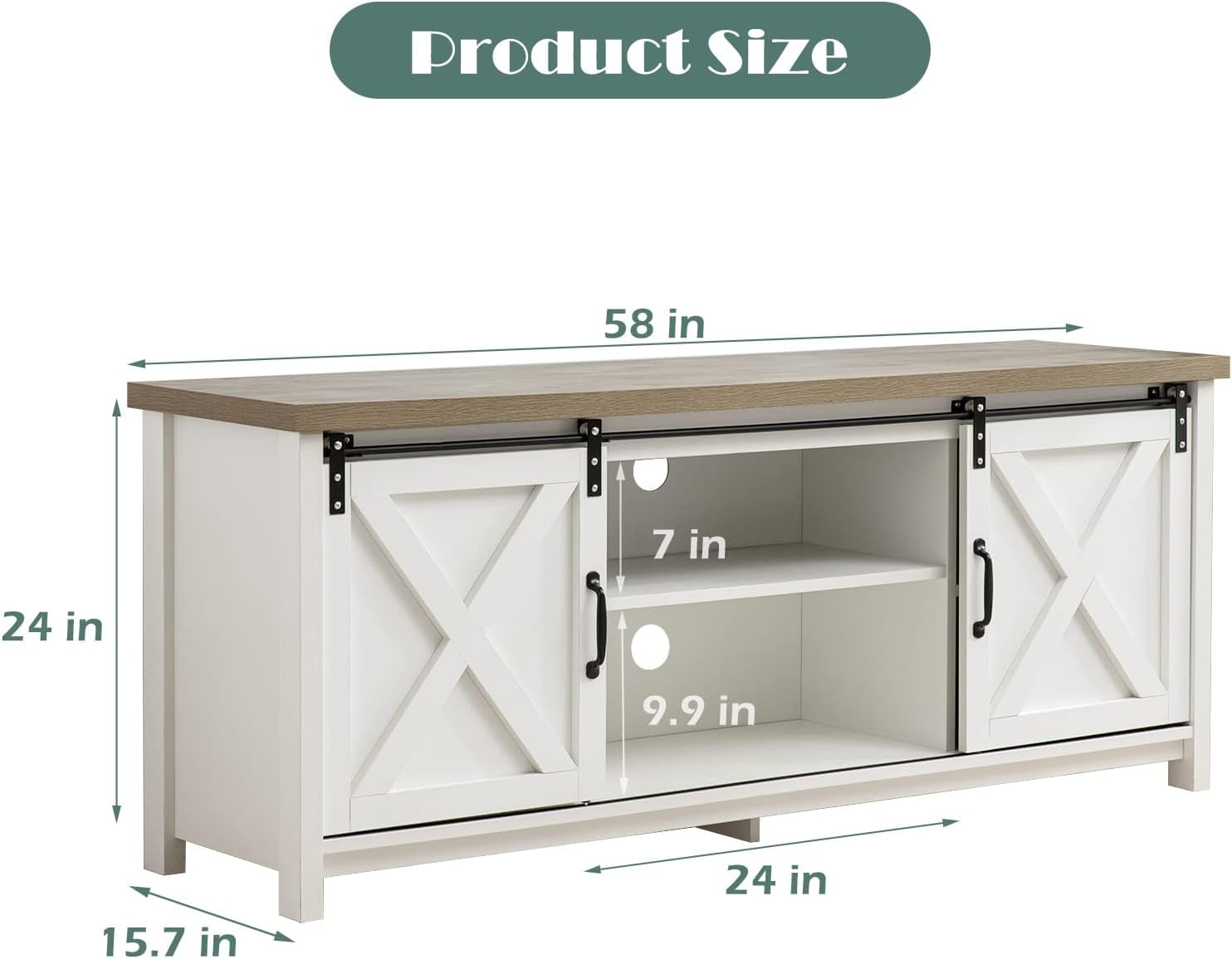 Reliancer Farmhouse TV Stand for TVs up to 65”, with Sliding Barn Doors, White