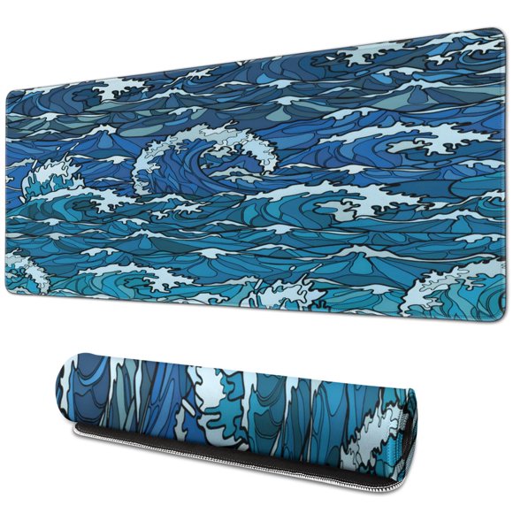 Blue Waves Tapis de Souris Imperméable Lavable pour Bureau Maison Travail Gaming Tapis de Souris Base en Caoutchouc avec Bords Cousus 31.5x11.8 Pouces