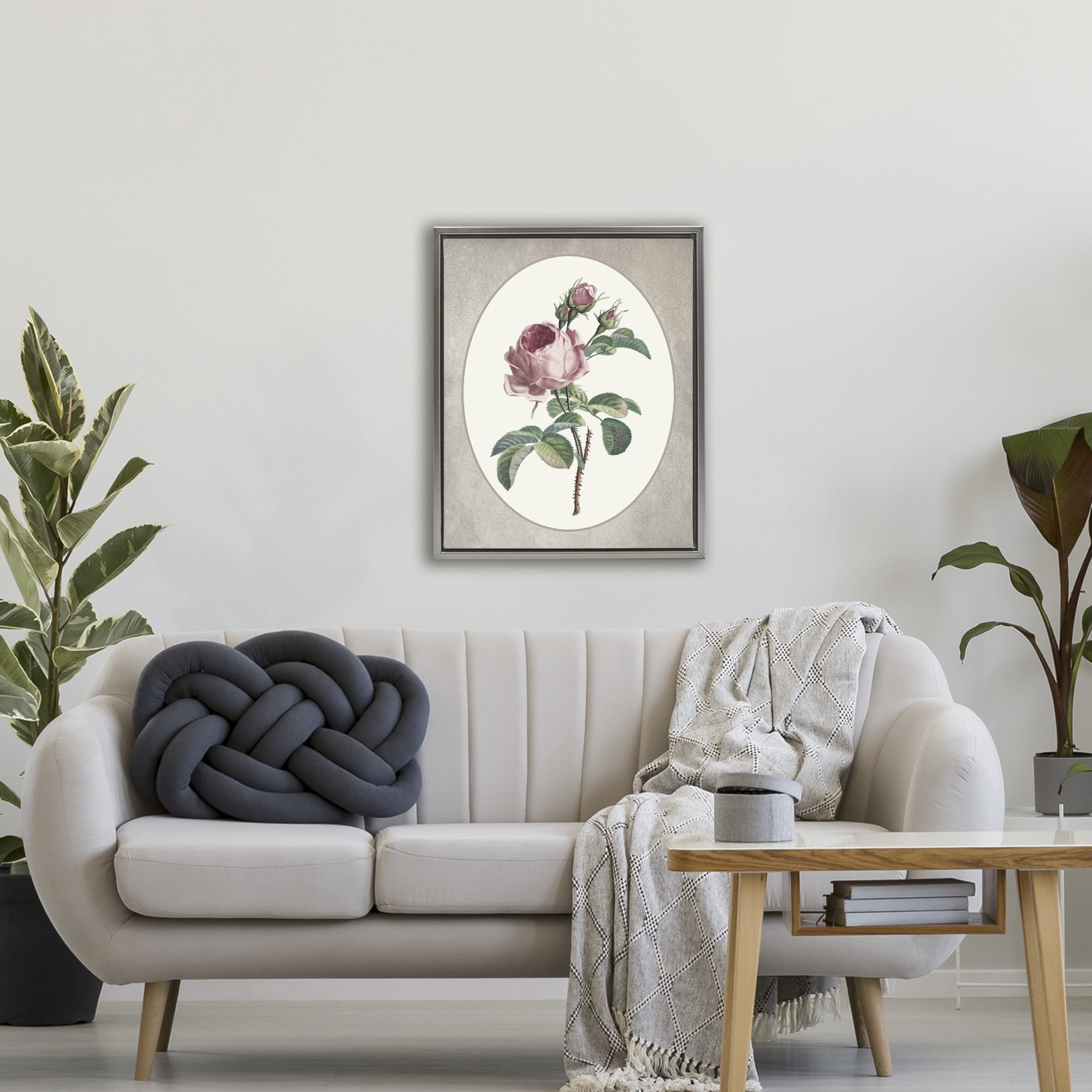 Vintage Rose within Oval Gray Framed Floater Canvas Wall Art, design by Lettered and Lined