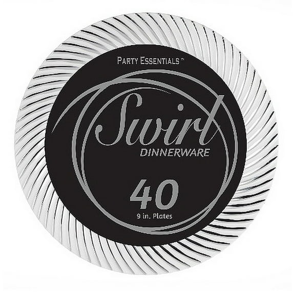 1 - Party Essentials 9" Swirl Plates - White & Silver 40 Ct.
