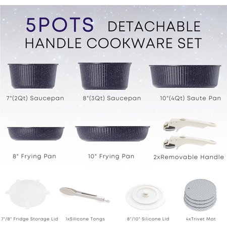 Detachable Nonstick Cookware Set - Stackable Induction Pots and Pans with Removable Handles, Dishwasher Safe, 5 Pieces (Starry )