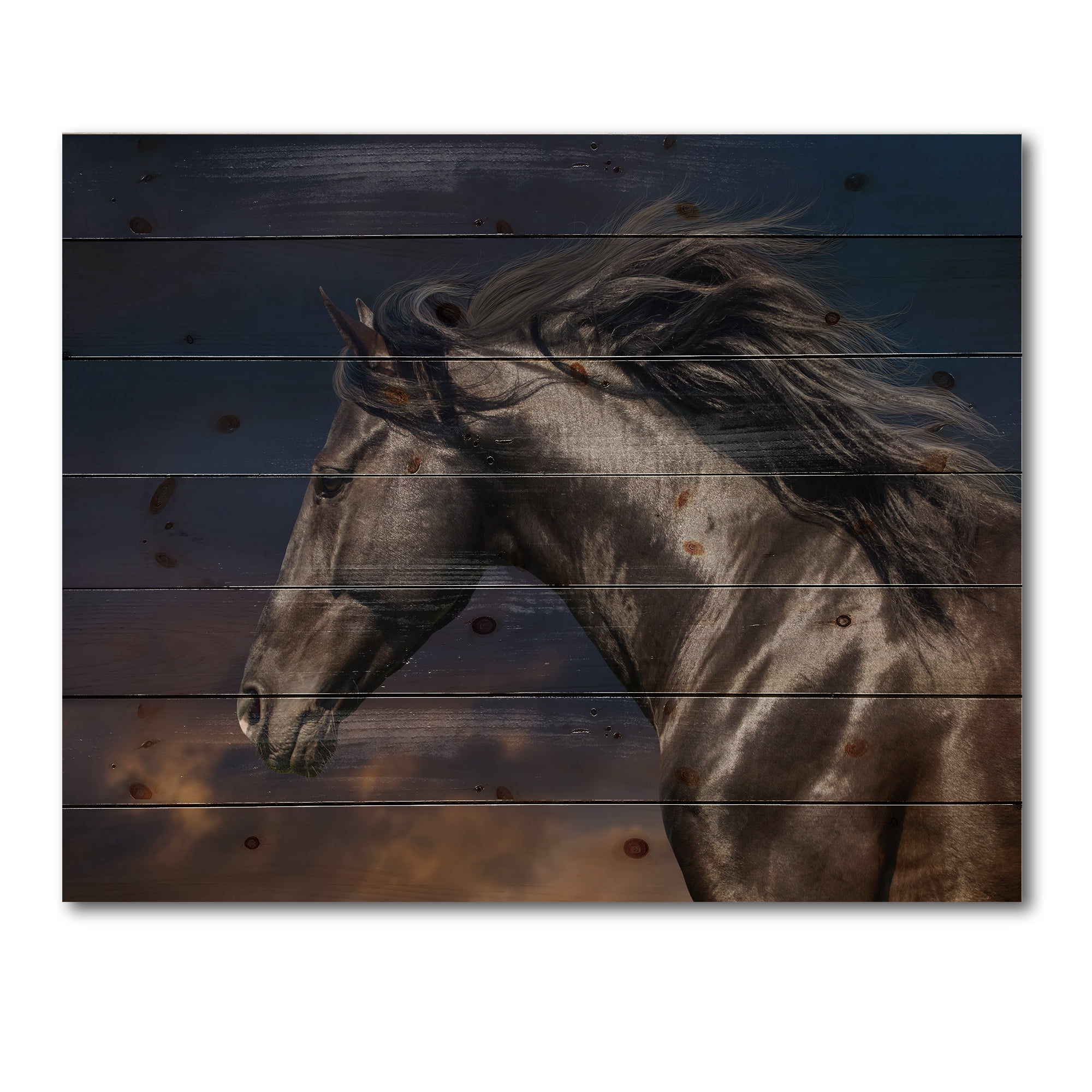 Designart 'Close Up Of Thoroughbred Nonius Stallion Horse III' Farmhouse Print on Natural Pine Wood