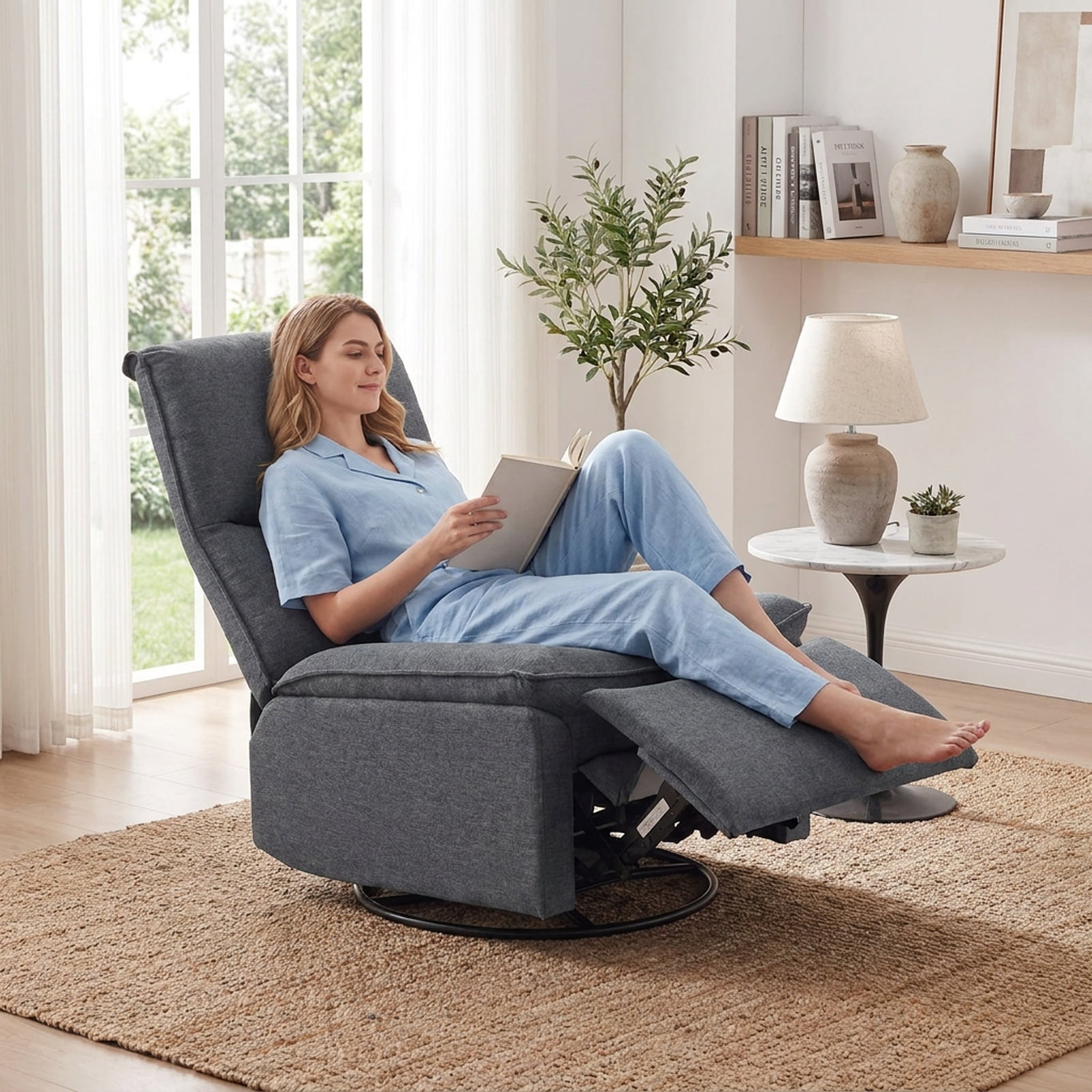 Furnibear 360 Degree Swivel Rocking Recliner Accent Chair with Padded Back Extendable Footrest and Polyester Linen for Living Room and Nursery, Gray