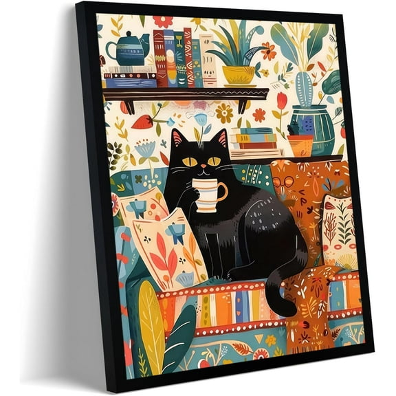 Hieng Black Cat Wall Art, Vintage Funny Black Cat in Water Lilies Poster Prints Paintings, Garden Flowers Cat Aesthetic Wall Decor, for Bathroom Living Room Bedroom(Framed canvas)