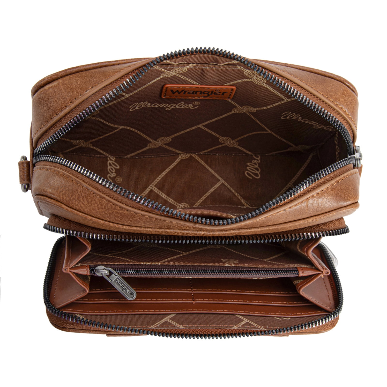 Wrangler Crossbody Bag for Women Vegan Leather Western Shoulder Purse Small Multi Pocket Crossbody Wallet Purse Crossover Bags with Adjustable Strap, Brown-Tan