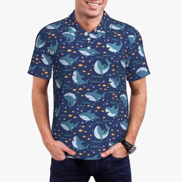 Balery Cartoon Sharks2 Camisa Polo de Hombre con Estampado, de Manga Corta y Tejido Medio, Camisa Tipo Golf Polo-Medium