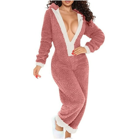 

Women s Fuzzy Sleepwear Jumpsuits Winter Long Sleeve Hooded Thicken Warm Home Comfy Casual Rompers Bodysuits