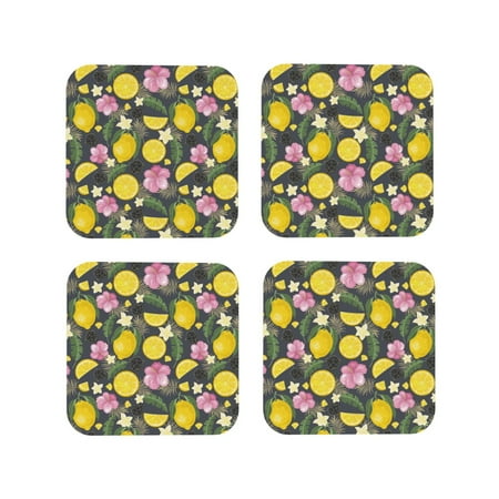 

Leather Coasters Set of 4 - Lemon tropical leaves Lightweight Non-Slip Drink Coasters for Desk Anti-Scalding Desk Cup Coasters for Office Table Decor Square