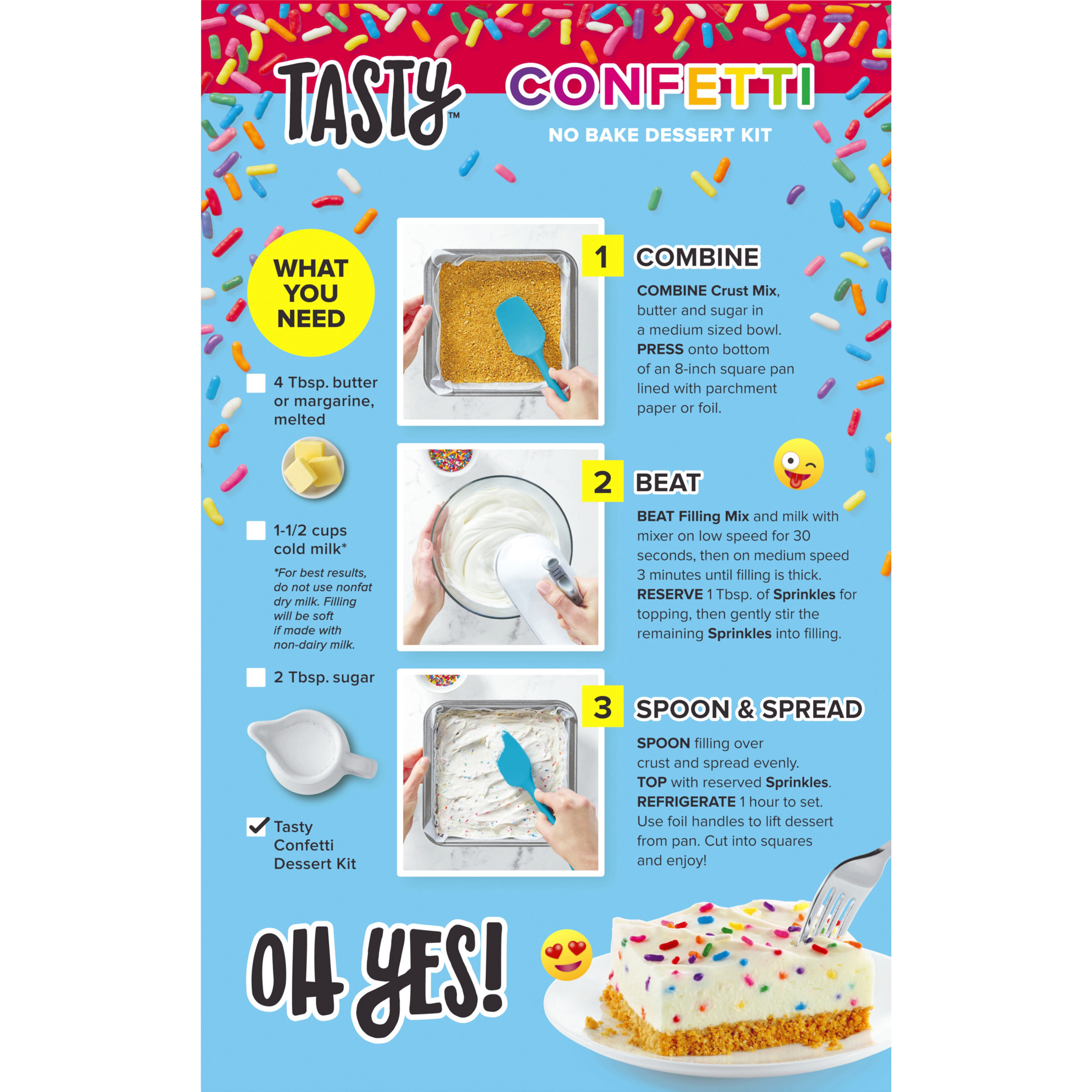 Tasty No Bake Confetti Dessert Kit with Sprinkles, Filling & Crust Mix, 10.76 oz Box - image 2 of 8